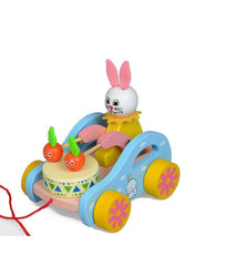 Wooden Rabbit Pull-Along Toy, Bunny Drumming Car