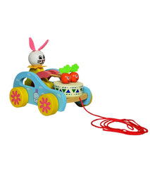 Wooden Rabbit Pull-Along Toy, Bunny Drumming Car