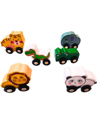 Push & Go Wooden Mini Toy Cars Set of 6 Animal Shape, Multicolor, Non-Toxic & Plastic-Free, Fun Toy for Toddlers & Kids 1 Years