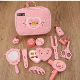 Portable Pink Cosmetics & Makeup Toy Set for Girls, Wooden Dressing Table Accessories, Pretend Play Beauty Set, Kids Makeup Kit