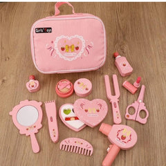 Portable Pink Cosmetics & Makeup Toy Set for Girls, Wooden Dressing Table Accessories, Pretend Play Beauty Set, Kids Makeup Kit