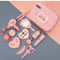 Portable Pink Cosmetics & Makeup Toy Set for Girls, Wooden Dressing Table Accessories, Pretend Play Beauty Set, Kids Makeup Kit