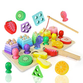 3 in 1 Wooden Sorting /Stacking /Fishing & Fruit Cuttig Montessori Toys for Kids