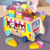 Wooden Magnetic Ice Cream Pull-Along Truck Ice Cream Shop for Kids Magnetic Building Blocks Toys Candy cart Food Dessert for Kids 18 Months to 5 Years