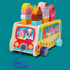Wooden Magnetic Ice Cream Pull-Along Truck Ice Cream Shop for Kids Magnetic Building Blocks Toys Candy cart Food Dessert for Kids 18 Months to 5 Years