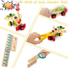 Wooden Tool Kit Set with Tool Box Pretend Play Portable Construction Tools Kit Toys for Kids