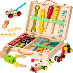 Wooden Tool Kit Set with Tool Box Pretend Play Portable Construction Tools Kit Toys for Kids