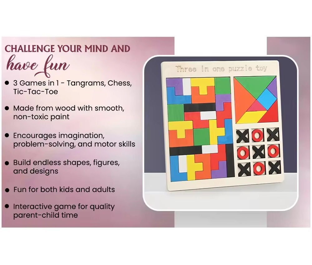 3 in 1 Puzzle Set Tangram, Xo & Intelligence Puzzle