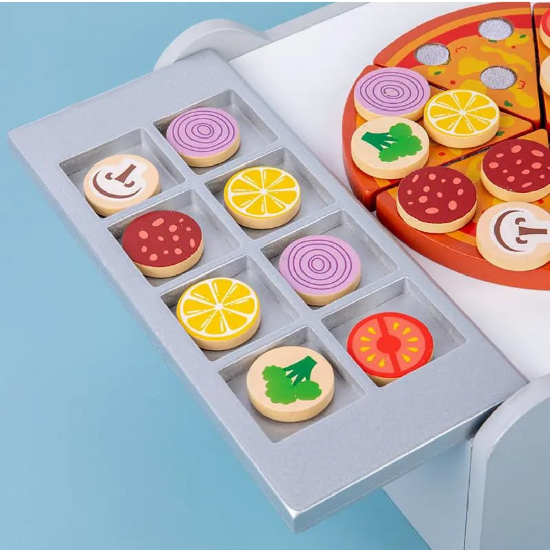 Wooden Pizza Oven Play Set Interactive Pretend Pizza Oven Toy for Kids, Complete with Realistic Pizza Food Accessories Perfect for Imaginative Role Play and Creative Kitchen Fun