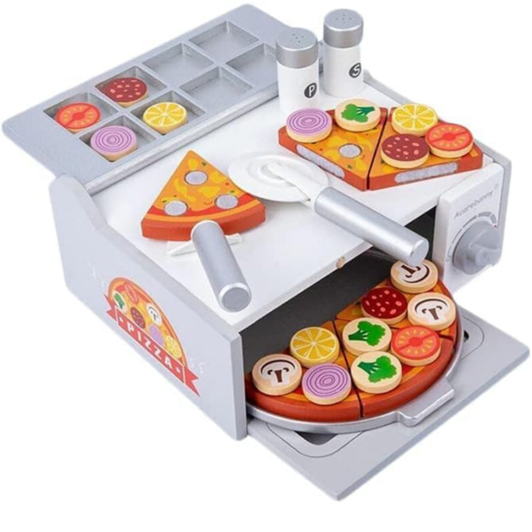 Wooden Pizza Oven Play Set Interactive Pretend Pizza Oven Toy for Kids, Complete with Realistic Pizza Food Accessories Perfect for Imaginative Role Play and Creative Kitchen Fun