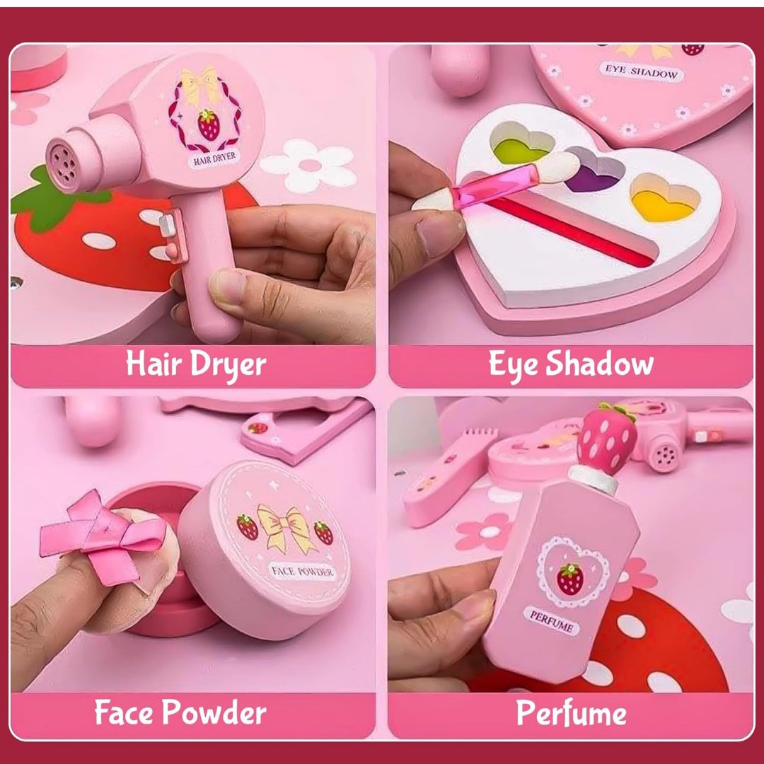 Portable Pink Cosmetics & Makeup Toy Set for Girls, Wooden Dressing Table Accessories, Pretend Play Beauty Set, Kids Makeup Kit