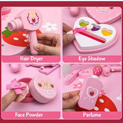 Portable Pink Cosmetics & Makeup Toy Set for Girls, Wooden Dressing Table Accessories, Pretend Play Beauty Set, Kids Makeup Kit