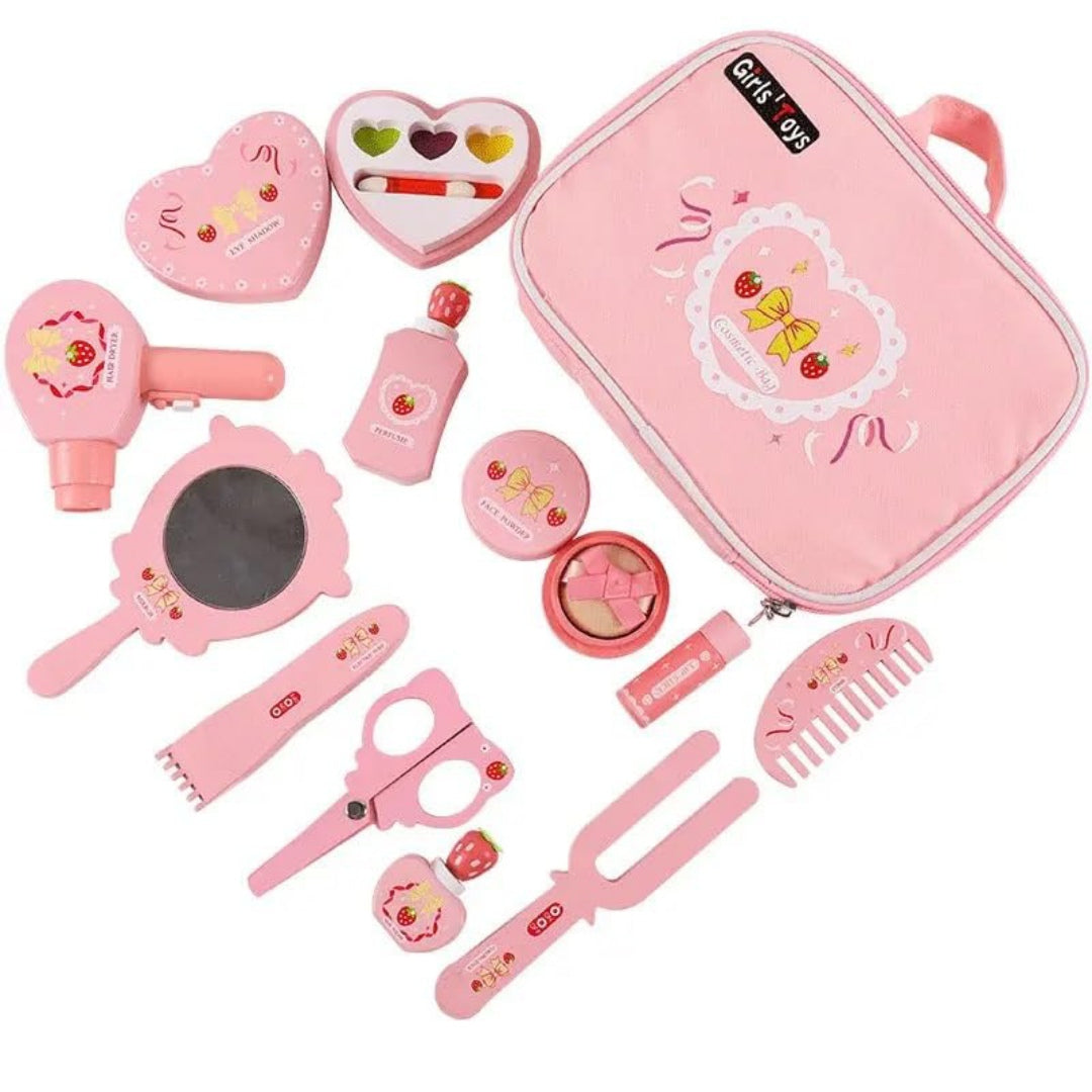 Portable Pink Cosmetics & Makeup Toy Set for Girls, Wooden Dressing Table Accessories, Pretend Play Beauty Set, Kids Makeup Kit
