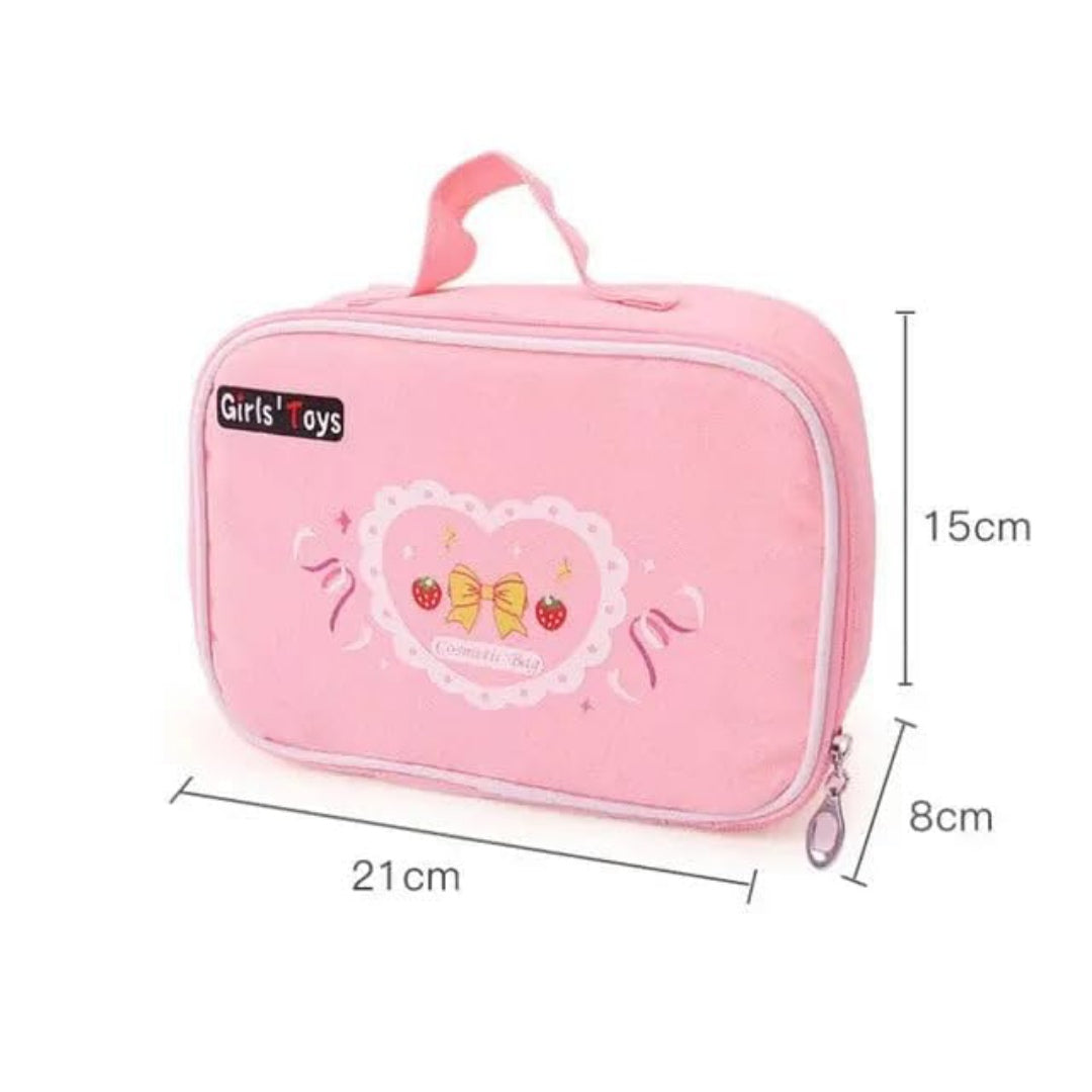 Portable Pink Cosmetics & Makeup Toy Set for Girls, Wooden Dressing Table Accessories, Pretend Play Beauty Set, Kids Makeup Kit
