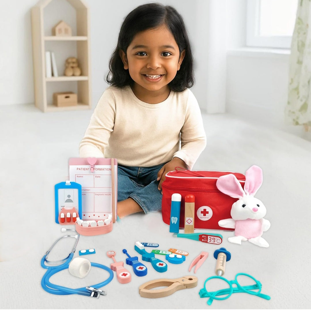 Doctor Kit for Kids - Wooden Dentist Set with Working Stethoscope, Pretend Play Doctor Set for Kids Girl - Fun Educational Toys for Role Play, Ages 3 and Up