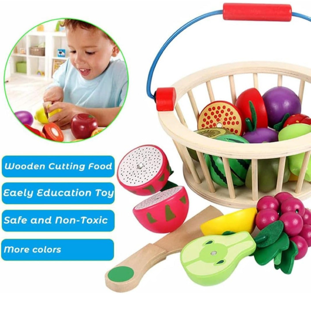 Magnetic Wooden Cutting Fruits Food Play Toy Set with Basket for Kids, Pretend Play Toy Set for Boys and Girls,Colorful Kitchen Play Toy Set for Babies (Fruits)