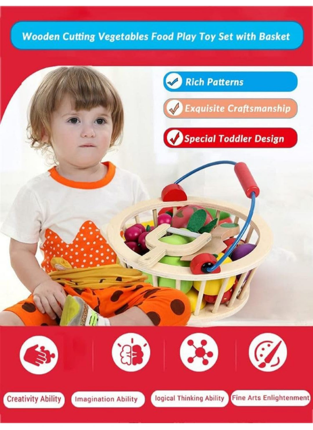 Magnetic Wooden Cutting Fruits Food Play Toy Set with Basket for Kids, Pretend Play Toy Set for Boys and Girls,Colorful Kitchen Play Toy Set for Babies (Fruits)