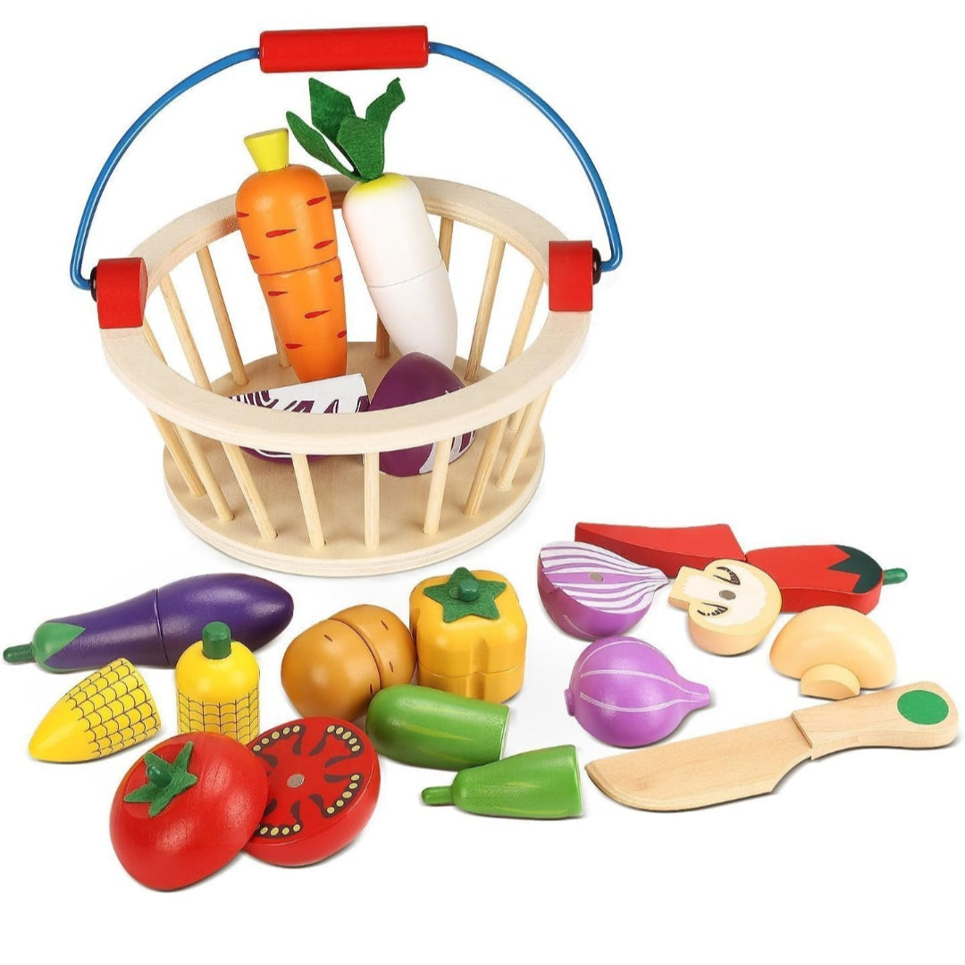 Magnetic Wooden Cutting Vegetables Food Play Toy Set with Basket for Kids, Pretend Play Toy Set for Boys and Girls,Colorful Kitchen Play Toy Set for Babies (Vegetable)