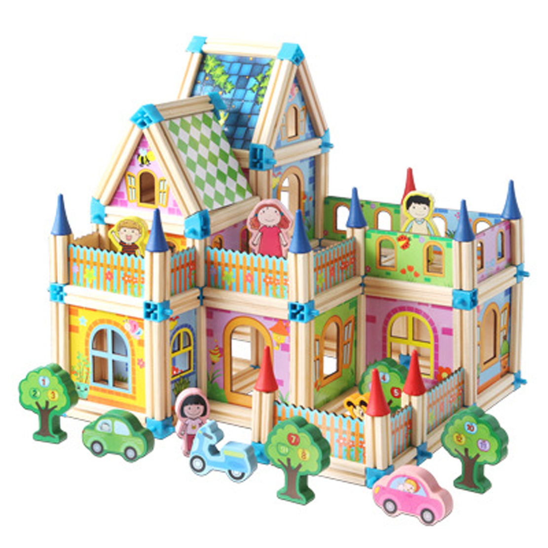 Master of Architecture Building Blocks Toy â??Wooden Castle Doll House Set with Figures,Car, Creative Construction Playset for Imaginative Kids, Developing Motor Skills and Creativity