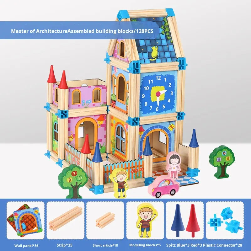 Master of Architecture Building Blocks Toy â??Wooden Castle Doll House Set with Figures,Car, Creative Construction Playset for Imaginative Kids, Developing Motor Skills and Creativity