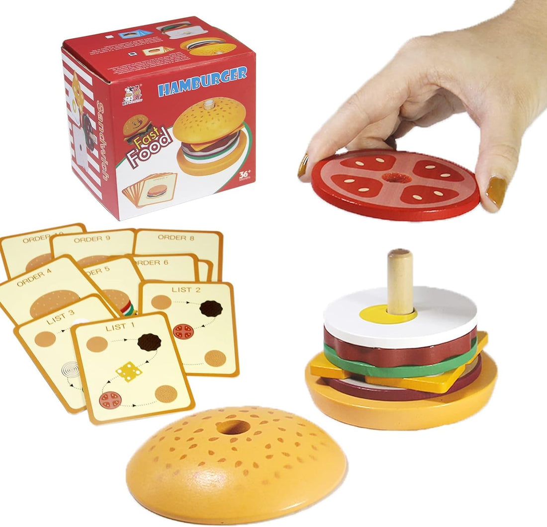 Wooden Burger Sandwich Stacking Toys for Kids, Montessori Toys for Toddlers & Preschoolers, Develops Fine Motor Skills