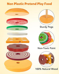 Wooden Burger Sandwich Stacking Toys for Kids, Montessori Toys for Toddlers & Preschoolers, Develops Fine Motor Skills