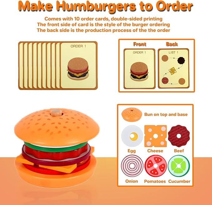 Wooden Burger Sandwich Stacking Toys for Kids, Montessori Toys for Toddlers & Preschoolers, Develops Fine Motor Skills