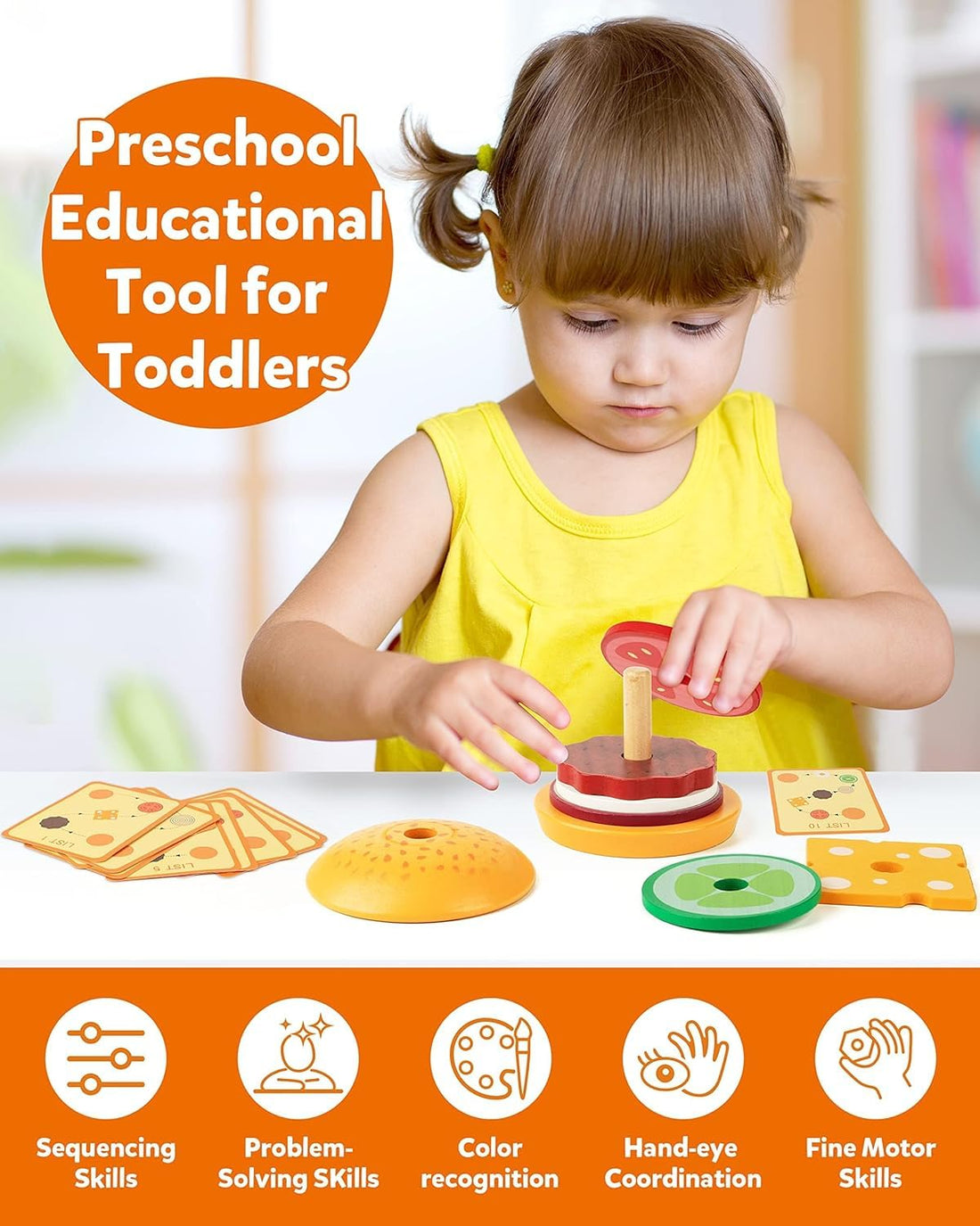 Wooden Burger Sandwich Stacking Toys for Kids, Montessori Toys for Toddlers & Preschoolers, Develops Fine Motor Skills
