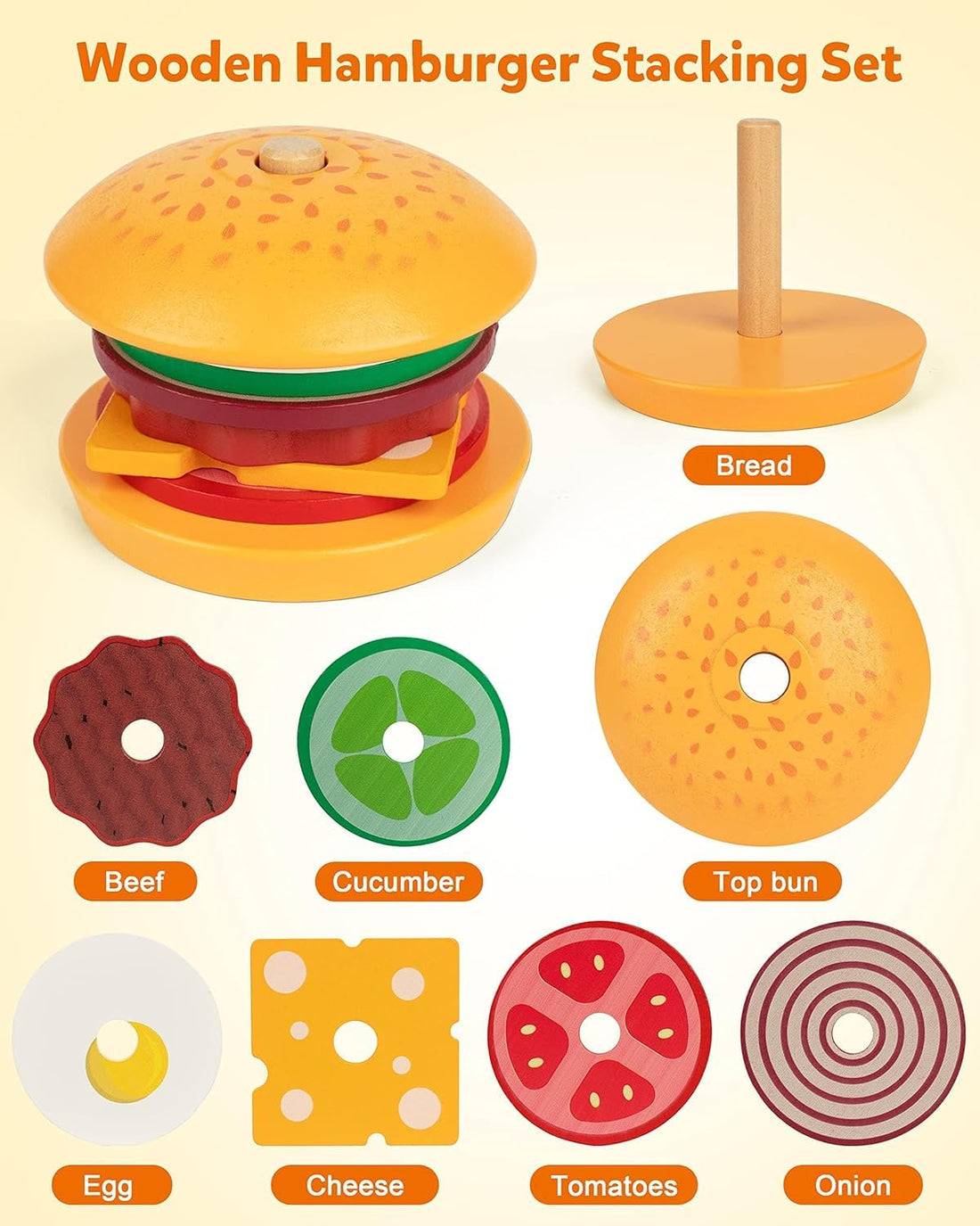 Wooden Burger Sandwich Stacking Toys for Kids, Montessori Toys for Toddlers & Preschoolers, Develops Fine Motor Skills