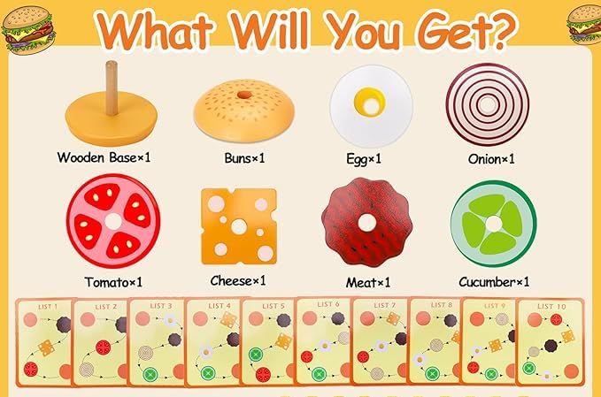 Wooden Burger Sandwich Stacking Toys for Kids, Montessori Toys for Toddlers & Preschoolers, Develops Fine Motor Skills