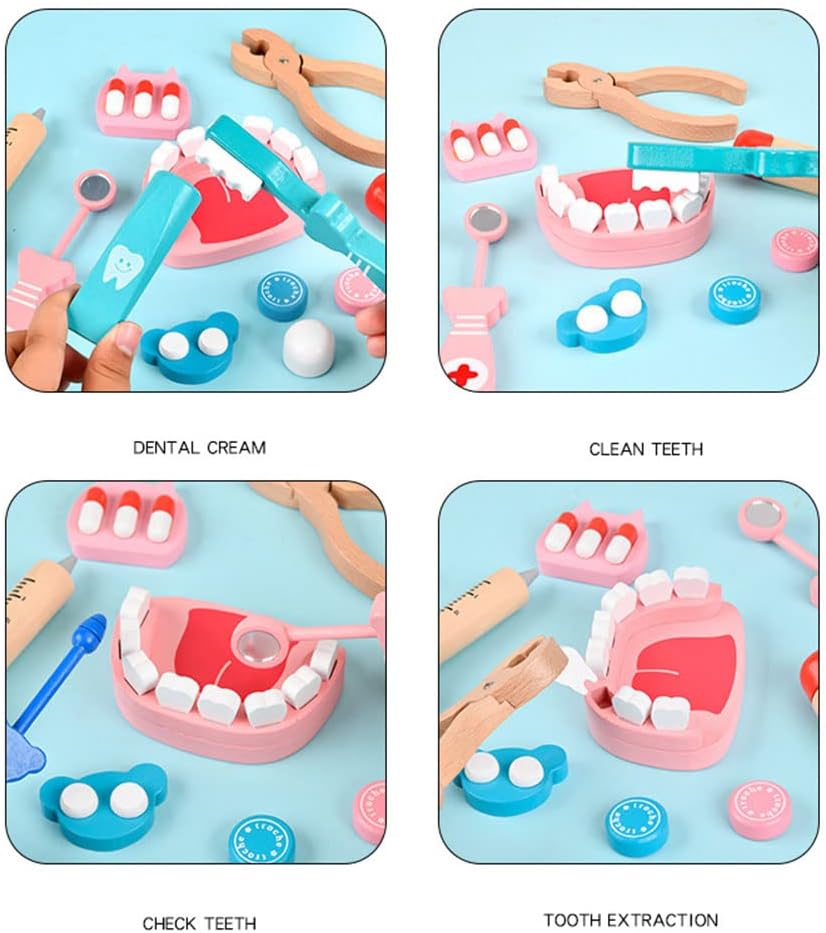 Doctor Kit for Kids - Wooden Dentist Set with Working Stethoscope, Pretend Play Doctor Set for Kids Girl - Fun Educational Toys for Role Play, Ages 3 and Up