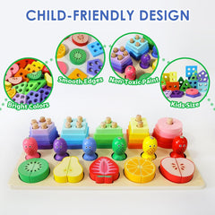 3 in 1 Wooden Sorting /Stacking /Fishing & Fruit Cuttig Montessori Toys for Kids