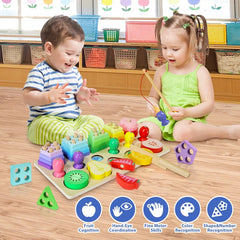 3 in 1 Wooden Sorting /Stacking /Fishing & Fruit Cuttig Montessori Toys for Kids