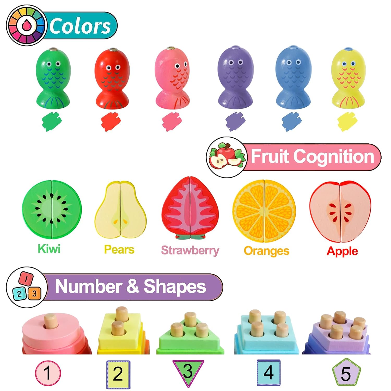 3 in 1 Wooden Sorting /Stacking /Fishing & Fruit Cuttig Montessori Toys for Kids