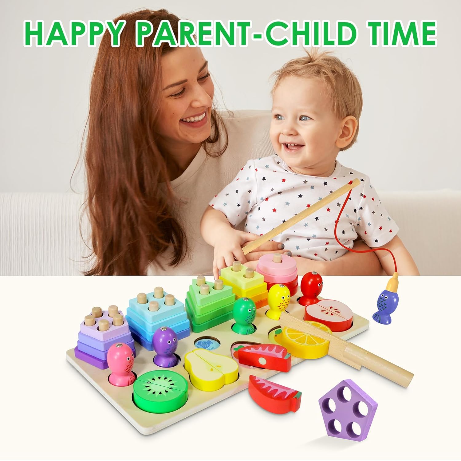 3 in 1 Wooden Sorting /Stacking /Fishing & Fruit Cuttig Montessori Toys for Kids