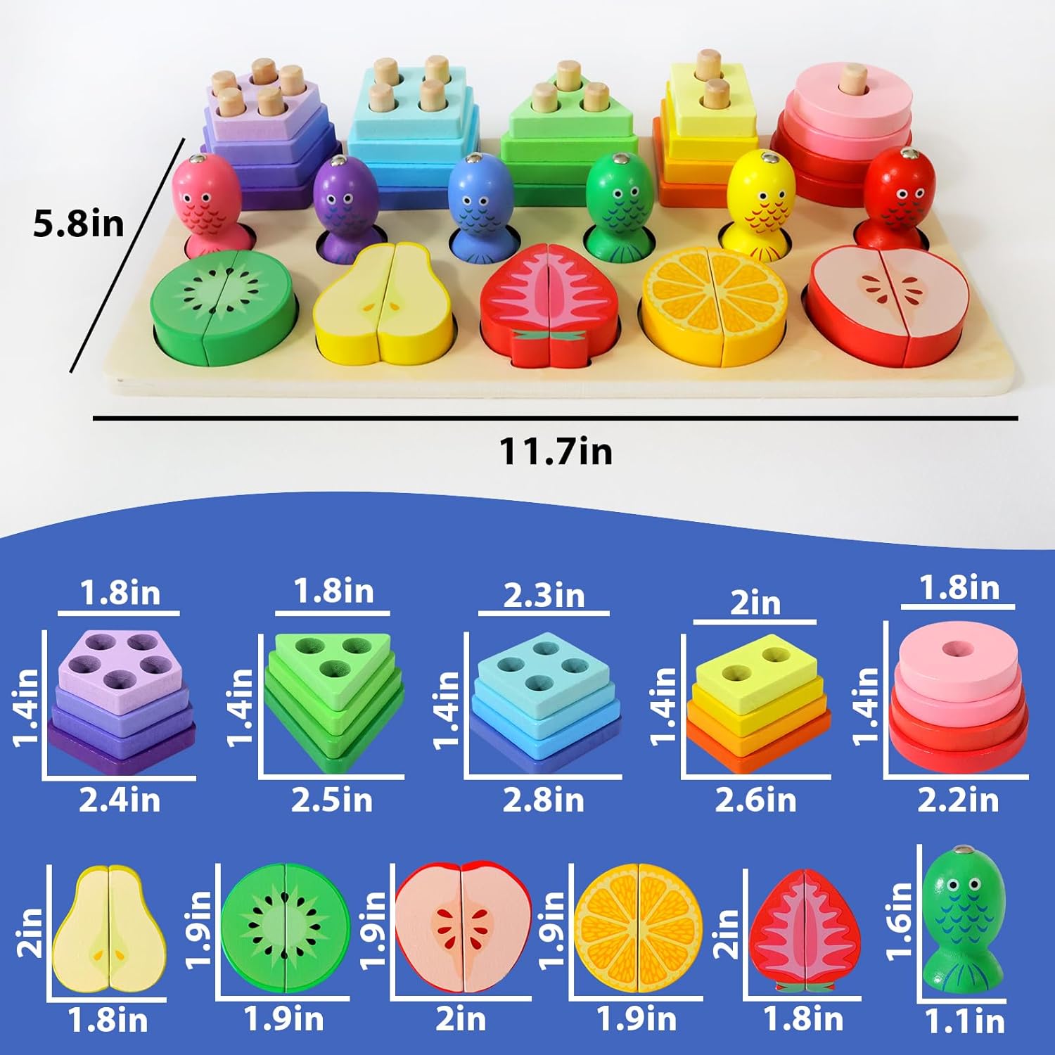 3 in 1 Wooden Sorting /Stacking /Fishing & Fruit Cuttig Montessori Toys for Kids