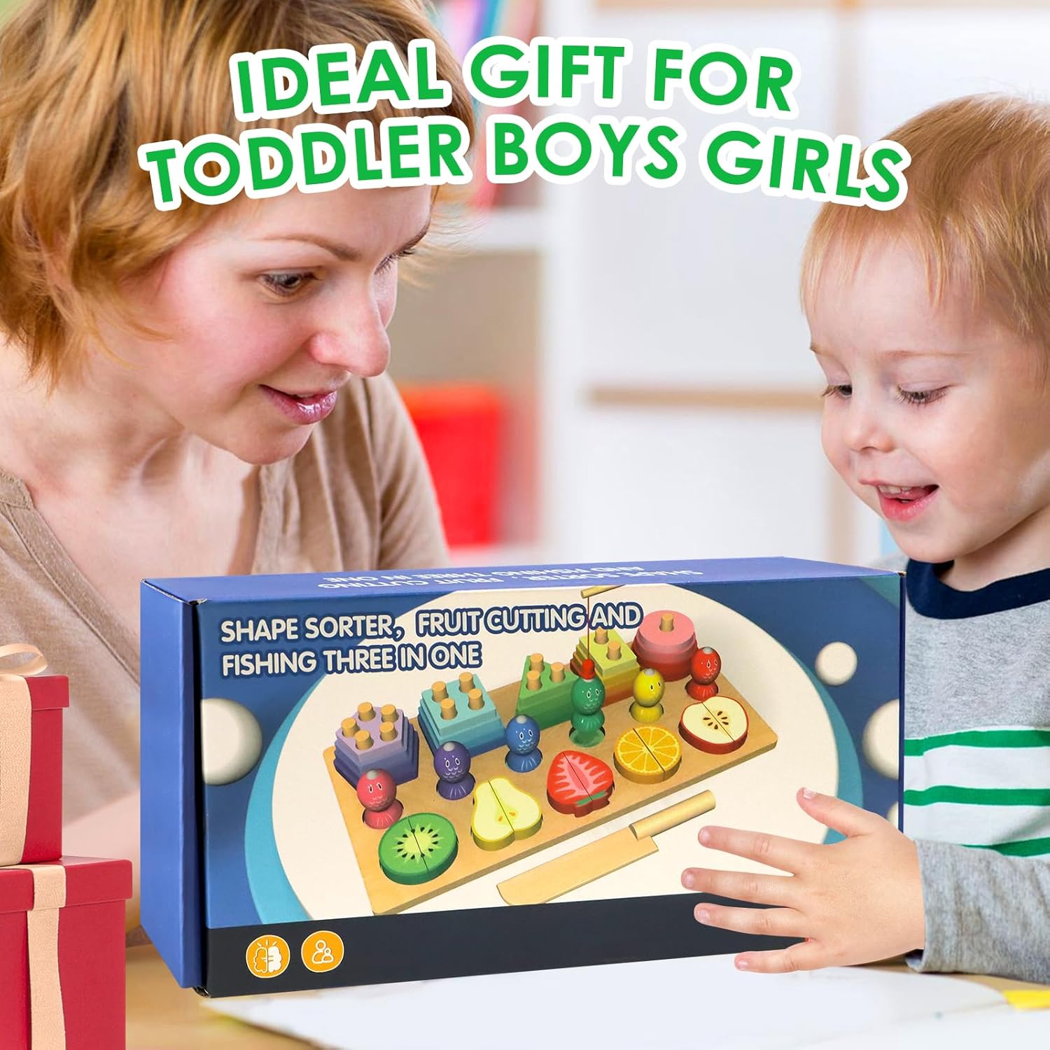 3 in 1 Wooden Sorting /Stacking /Fishing & Fruit Cuttig Montessori Toys for Kids