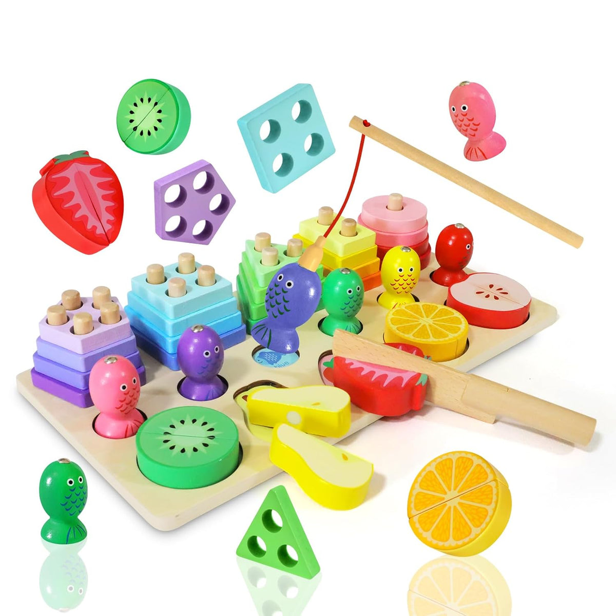 3 in 1 Wooden Sorting /Stacking /Fishing & Fruit Cuttig Montessori Toys for Kids