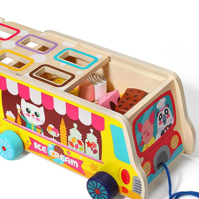 Wooden Magnetic Ice Cream Pull-Along Truck Ice Cream Shop for Kids Magnetic Building Blocks Toys Candy cart Food Dessert for Kids 18 Months to 5 Years