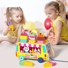 Wooden Magnetic Ice Cream Pull-Along Truck Ice Cream Shop for Kids Magnetic Building Blocks Toys Candy cart Food Dessert for Kids 18 Months to 5 Years