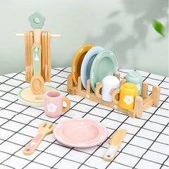 My Little Dinnerware Set, Wooden Toy Plates and Utensils, Role Play Kitchen Set
