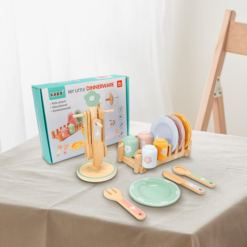 My Little Dinnerware Set, Wooden Toy Plates and Utensils, Role Play Kitchen Set