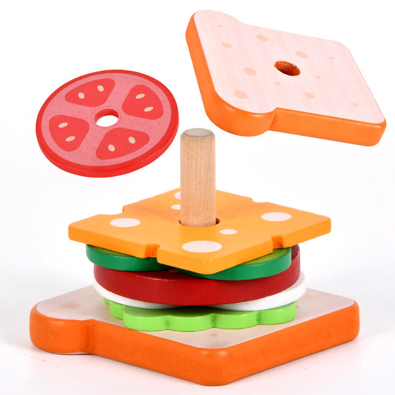 Wooden Burger Sandwich Stacking Toys for Kids, Montessori Toys for Toddlers & Preschoolers, Develops Fine Motor Skills