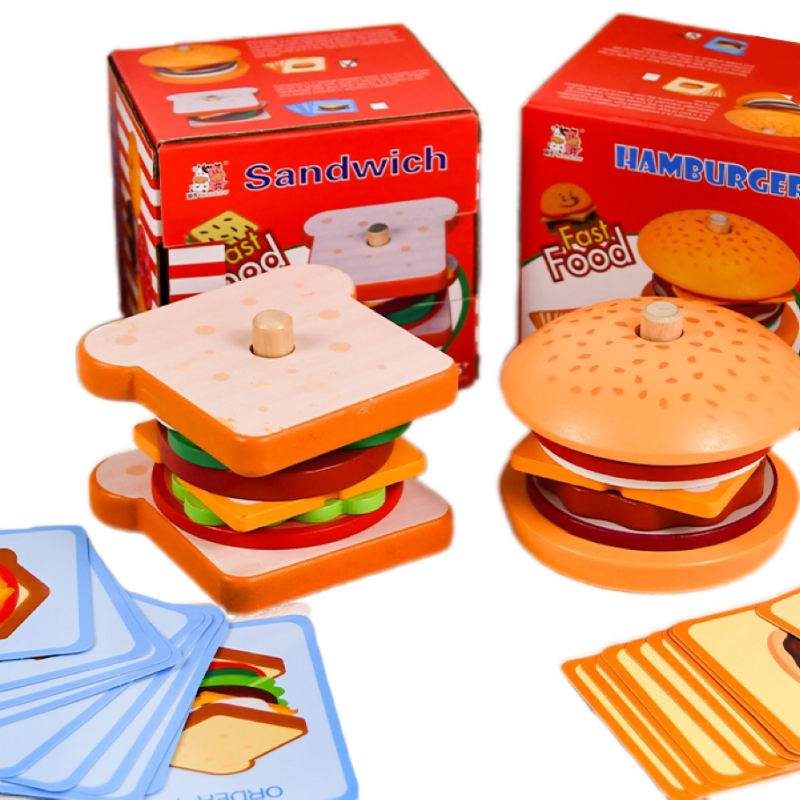 Wooden Burger Sandwich Stacking Toys for Kids, Montessori Toys for Toddlers & Preschoolers, Develops Fine Motor Skills