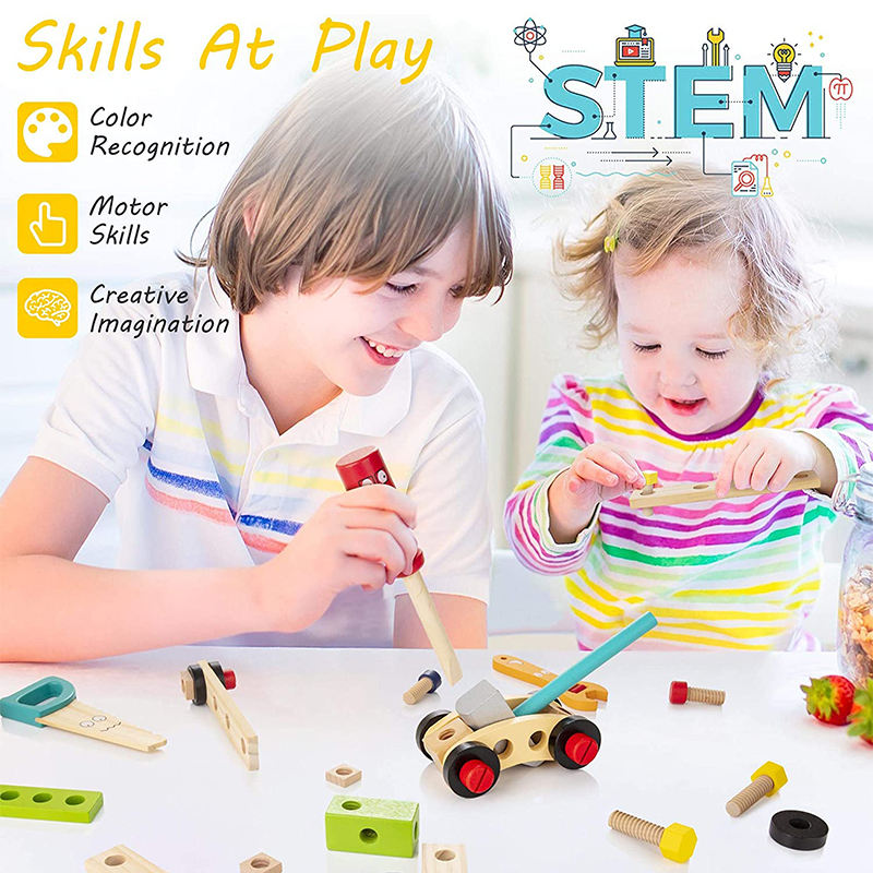 Wooden Tool Kit Set with Tool Box Pretend Play Portable Construction Tools Kit Toys for Kids