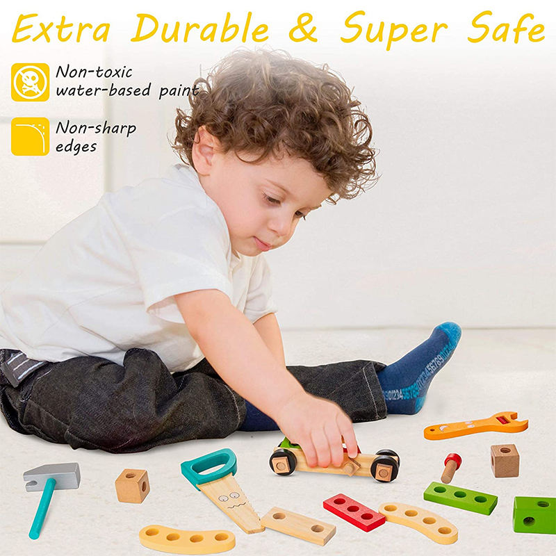 Wooden Tool Kit Set with Tool Box Pretend Play Portable Construction Tools Kit Toys for Kids