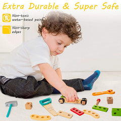Wooden Tool Kit Set with Tool Box Pretend Play Portable Construction Tools Kit Toys for Kids