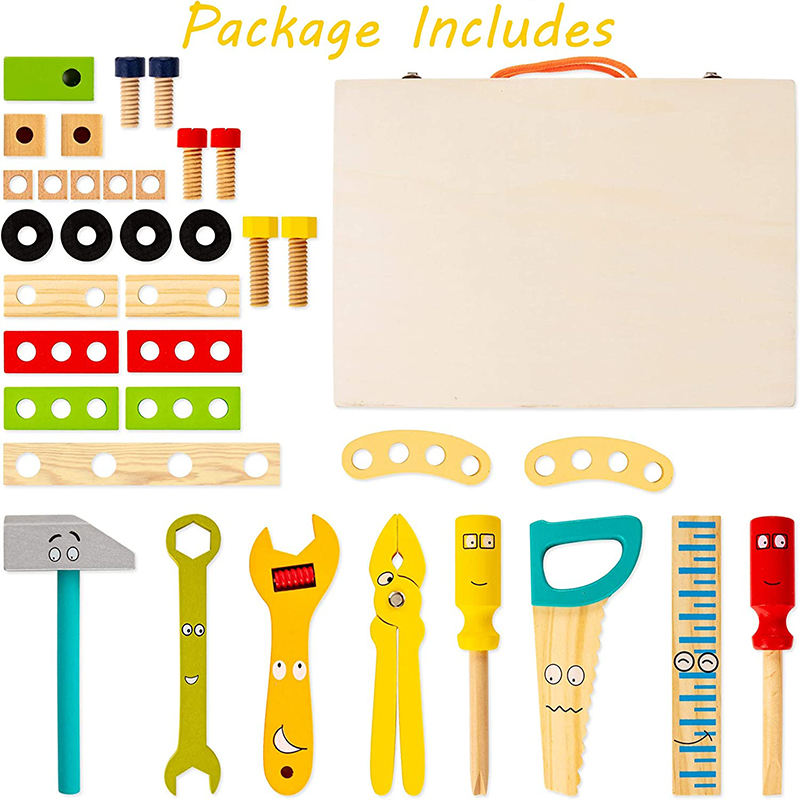 Wooden Tool Kit Set with Tool Box Pretend Play Portable Construction Tools Kit Toys for Kids