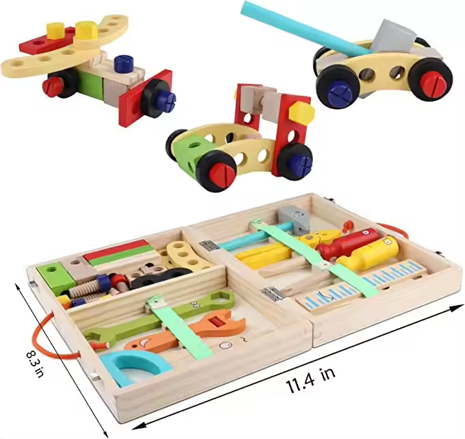 Wooden Tool Kit Set with Tool Box Pretend Play Portable Construction Tools Kit Toys for Kids
