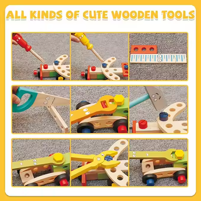 Wooden Tool Kit Set with Tool Box Pretend Play Portable Construction Tools Kit Toys for Kids